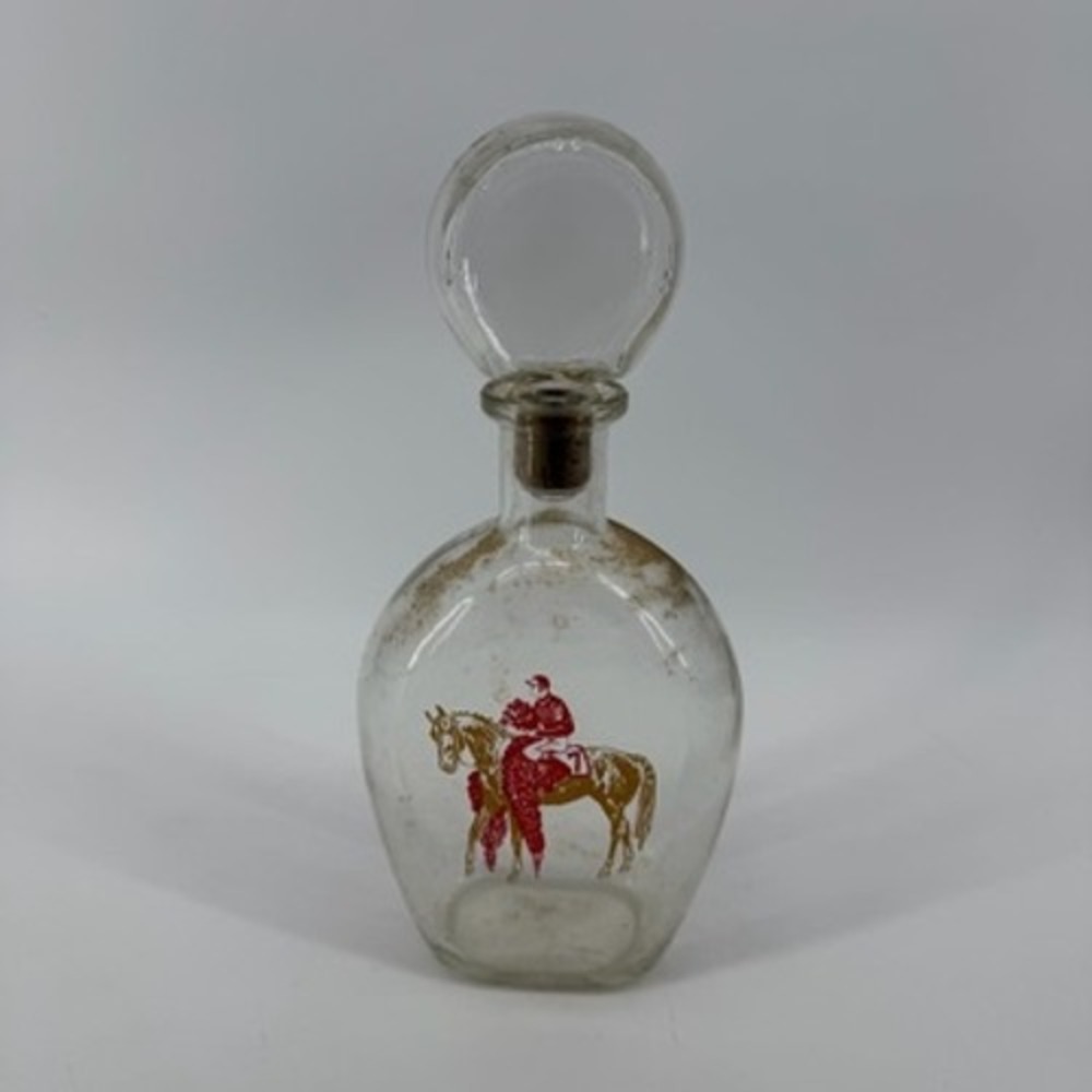 Vintage Kentucky Derby Horse Racing Glass Decanter with Stopper Jockey Graphic